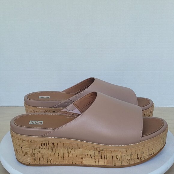 FitFlop Eloise Slides Sandals Women's Beige Leather Cork Wrap Wedge Slides Sz 11 - Picture 2 of 16
